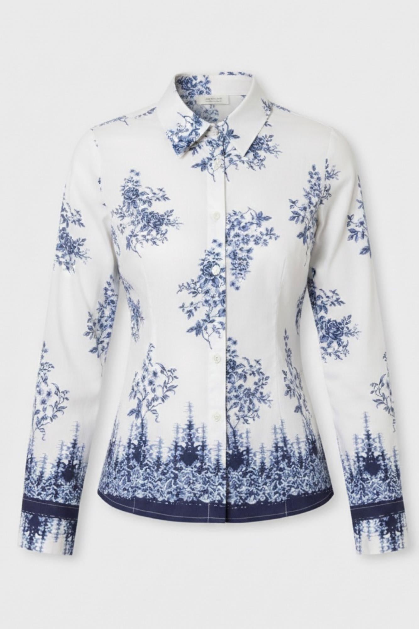 Blue Floral Cotton Shirt with Corset Lace-Up Back