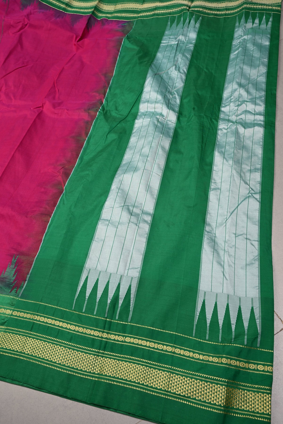 Vadamalli Ilkal Weave Mercerized Bagalkote Cotton Saree with Temple Panel on Contrast Zari Border | SHOBITAM