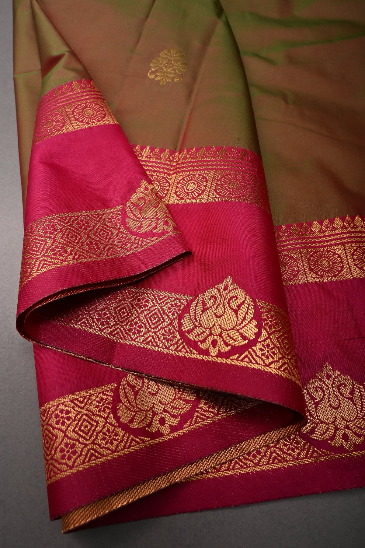 Green-Pink Dual tone Kanchi Semi Silk Saree with Zari Buttas and Contrast Zari Border | SHOBITAM