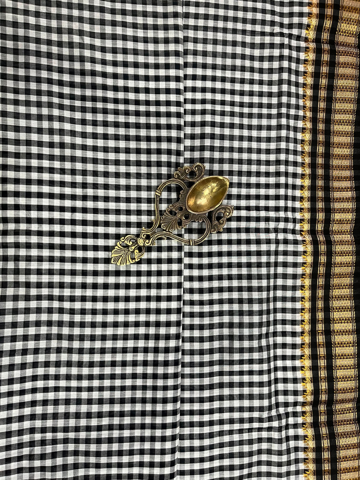Black and white checks on mercerized cotton Bagalkote Iikal Saree with Zari Border | SHOBITAM