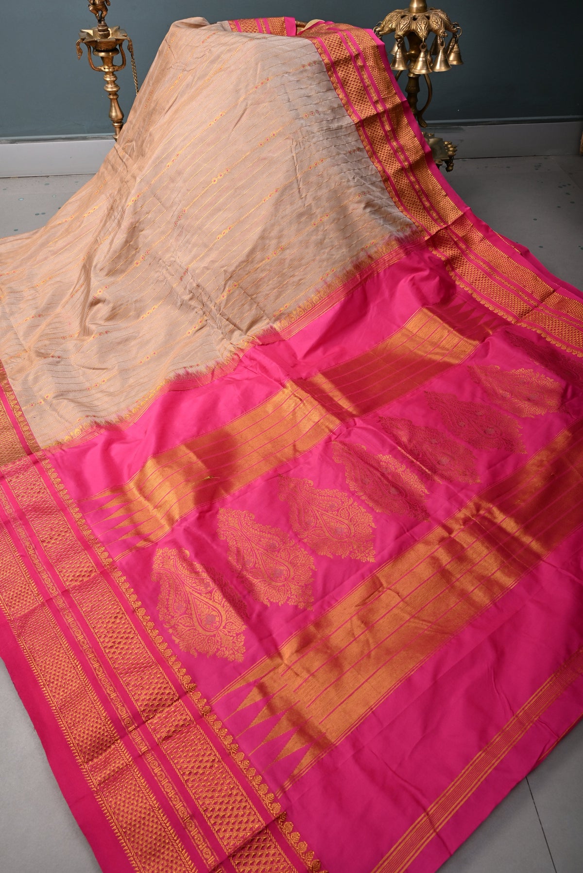 Beige Ilkal Silk Cotton Bagalkote Saree Vertical Stripes and Contrast Zari Border | SHOBITAM