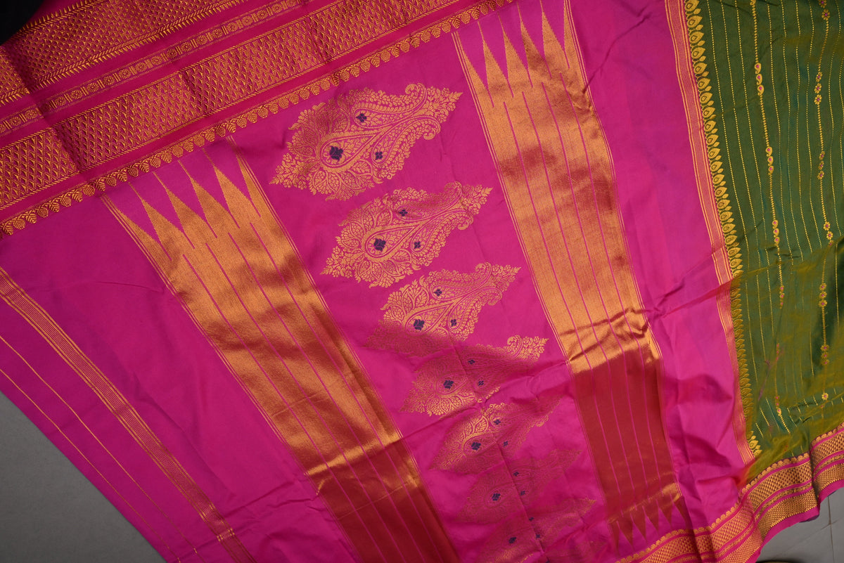 Mehendi Green Dual Tone Ilkal Semi Silk Bagalkote Saree Vertical Stripes and Contrast Zari Border | SHOBITAM