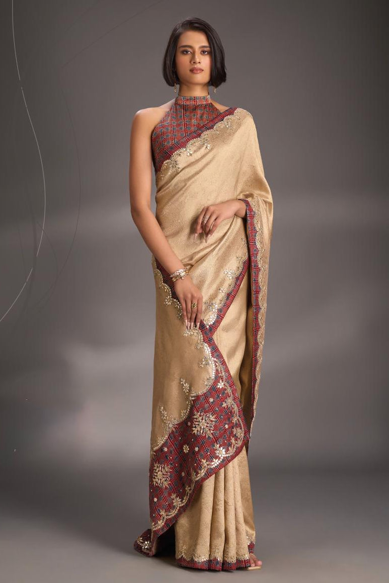Dusty Standstone Vegan Viscose Silk Tissue Brocade Saree with Ajrakh Applique and Gota Patti work on Scallop Border