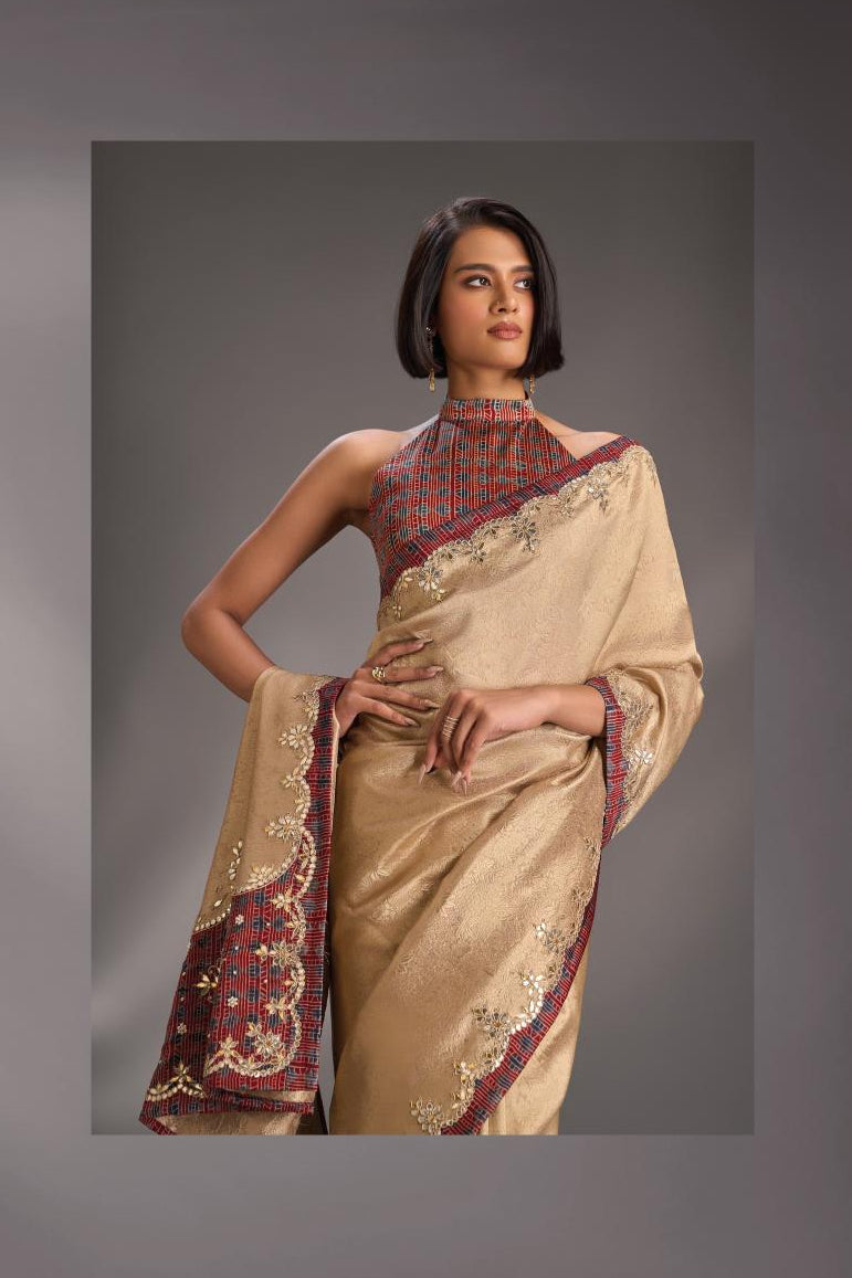 Dusty Standstone Vegan Viscose Silk Tissue Brocade Saree with Ajrakh Applique and Gota Patti work on Scallop Border