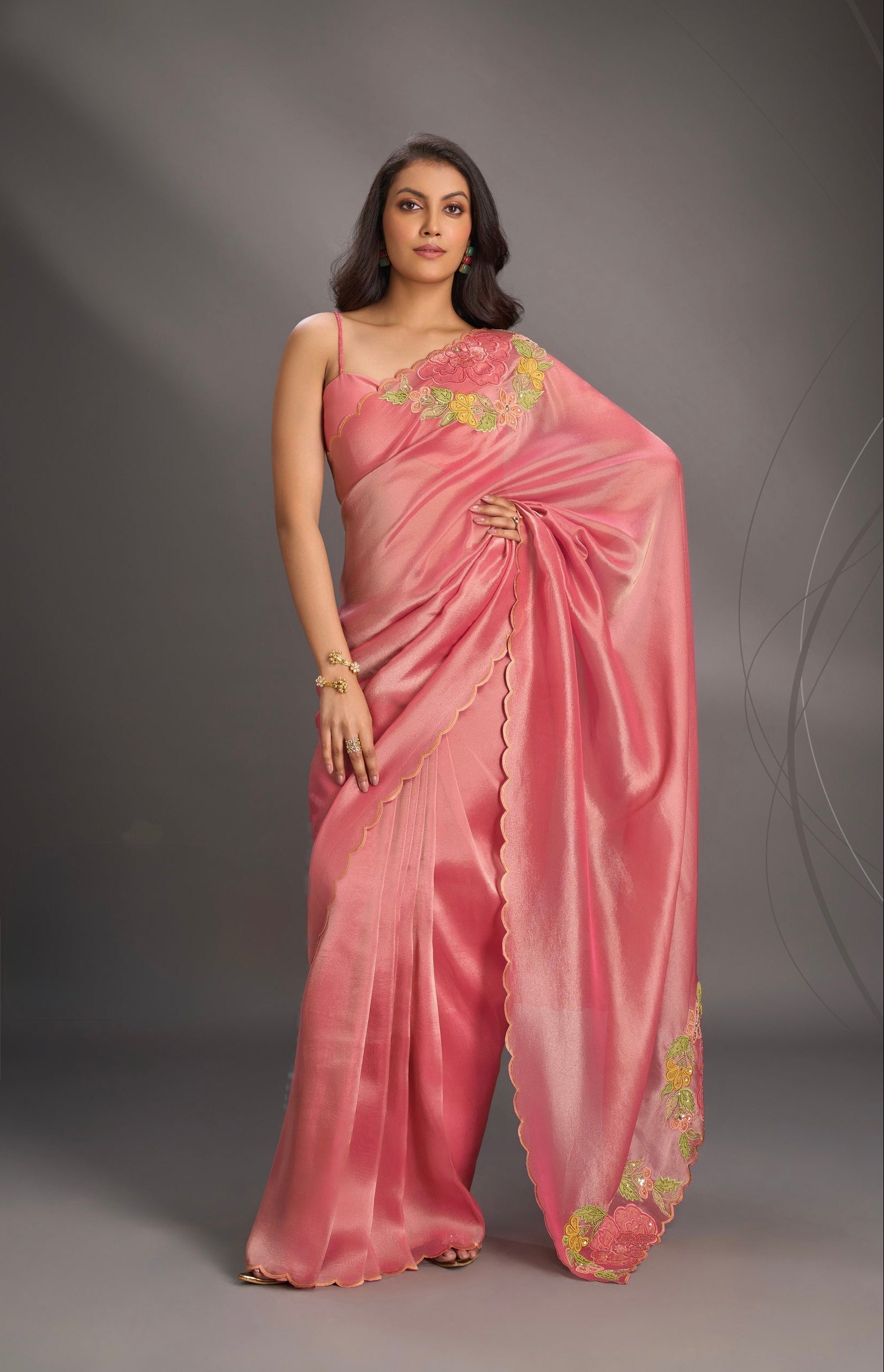 Rose Pink Vegan Organza Tissue Saree with Applique-Moti, Sequins Hand Embroidery and Scallop Border | Shobitam