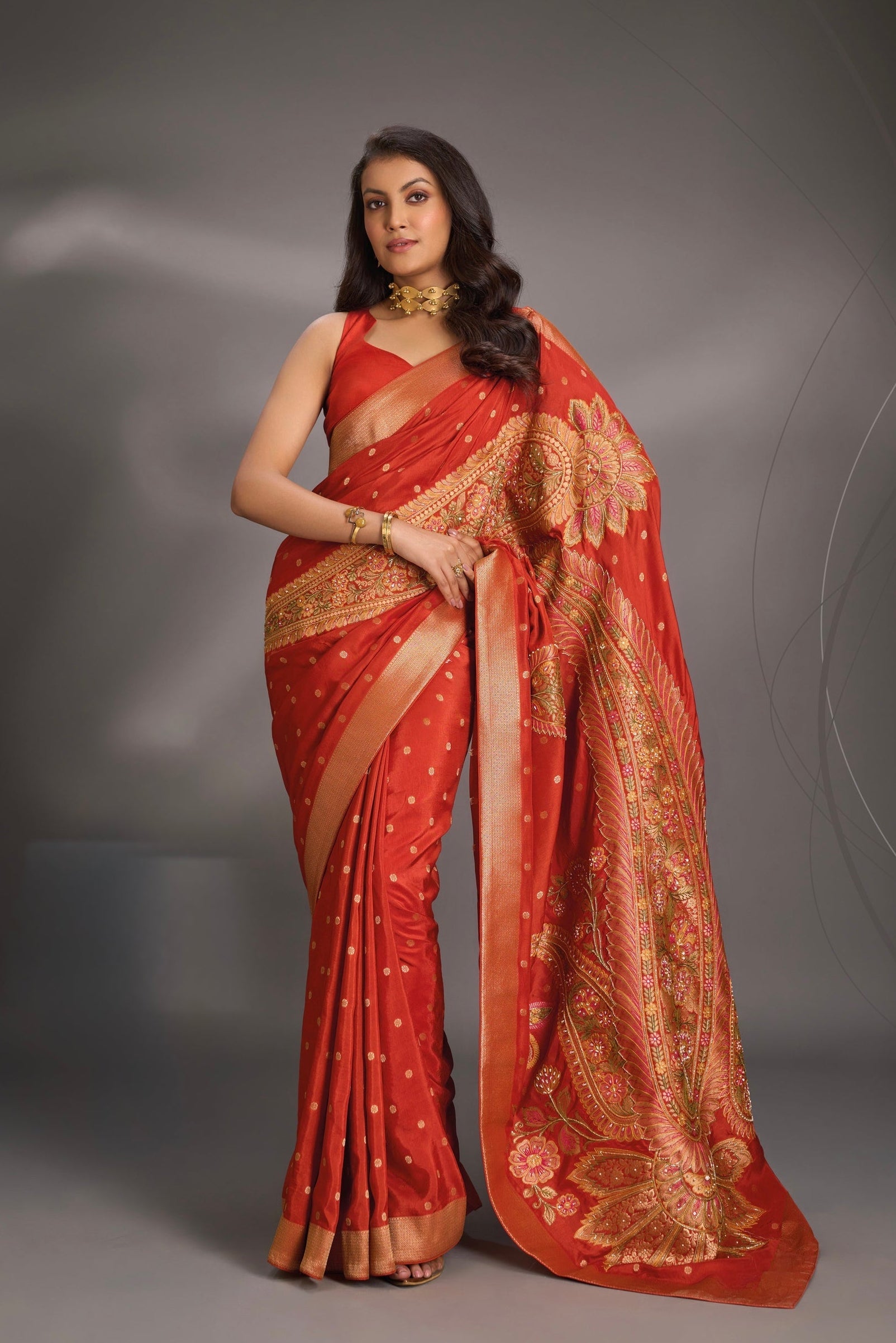 Burnt Orange Vegan Soft Silk prestitched Saree with Paisley Motifs- Moti, Cutdana work and Zari Border Ready to Wear Saree