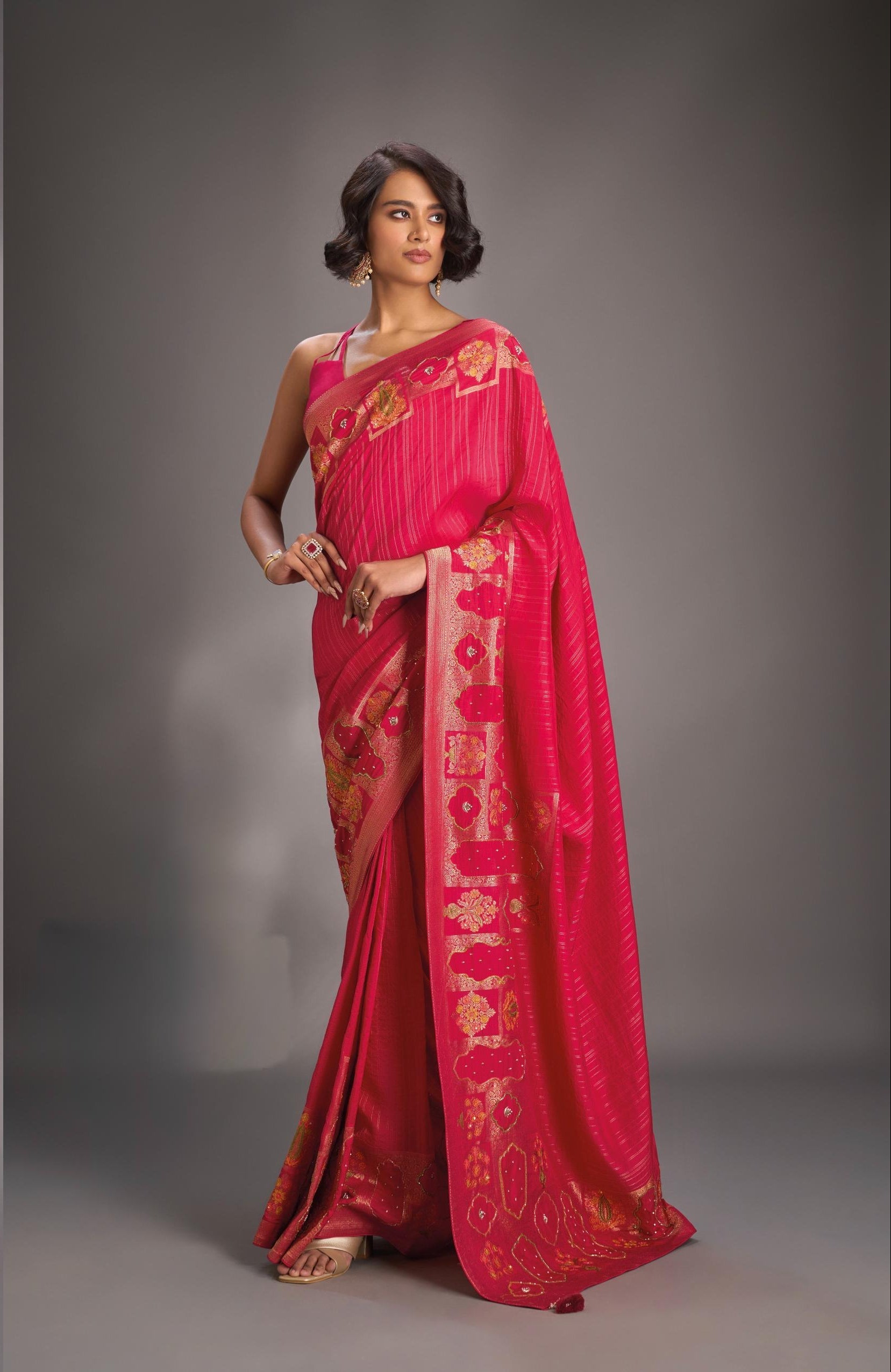 Rani Pink Vegan Viscose Silk Saree with Jharokha-Inspired Patterns Border | Shobitam