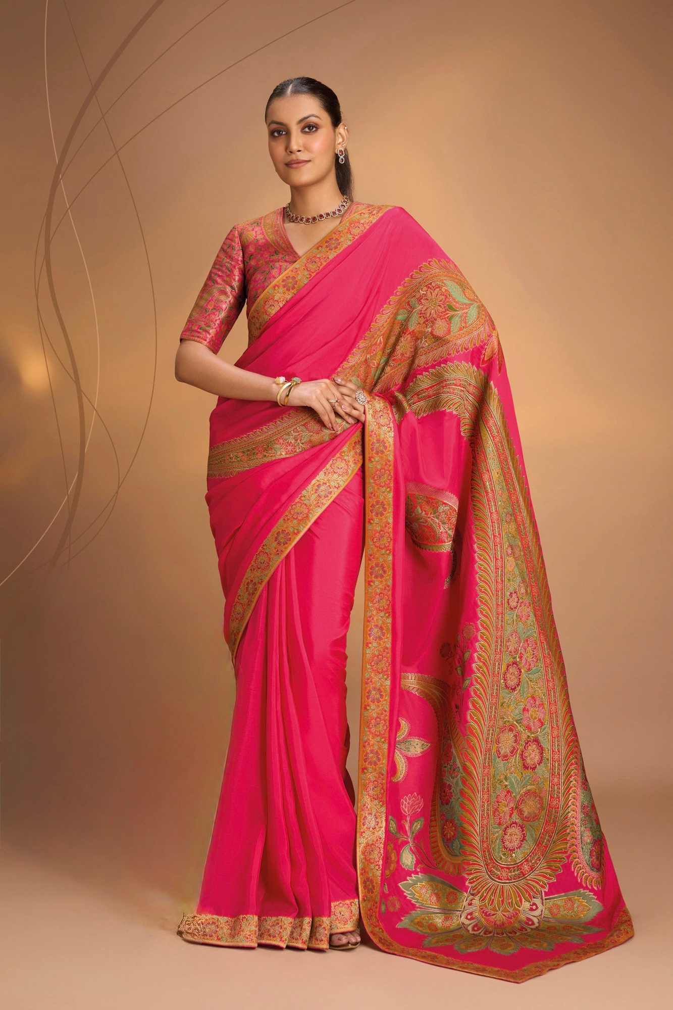 Vegan Soft Silk predraped Saree with paisley motifs in Bright Pink and border Ready to Wear Saree