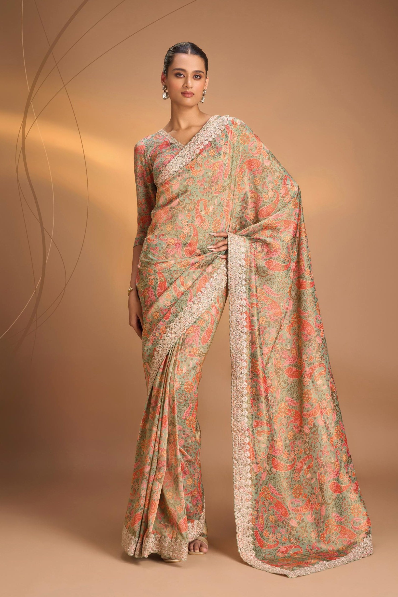 Vegan Tissue stitched Saree with Digital Print and Cord Pitta Embroidery Border, No Blouse Piece Ready to Wear Saree