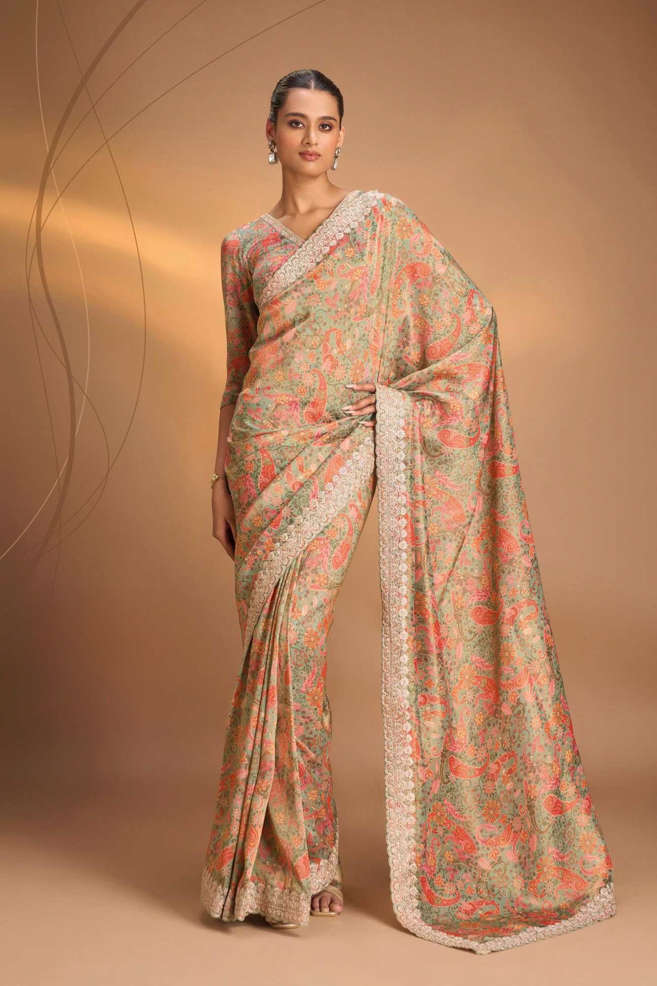 Vegan Tissue stitched Saree with Digital Print and Cord Pitta Embroidery Border, No Blouse Piece Ready to Wear Saree