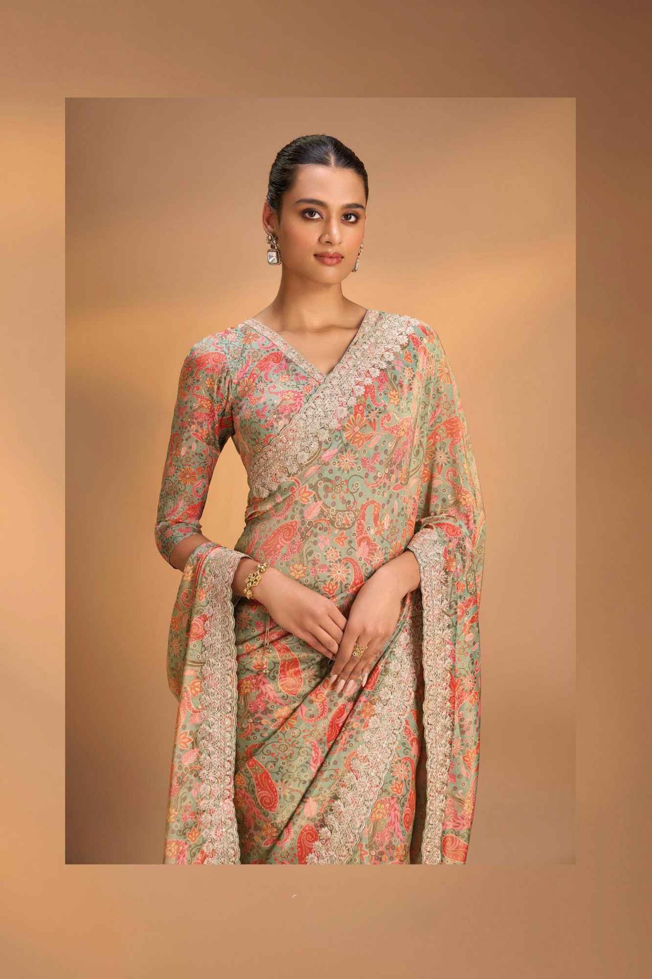 Vegan Tissue stitched Saree with Digital Print and Cord Pitta Embroidery Border, No Blouse Piece Ready to Wear Saree