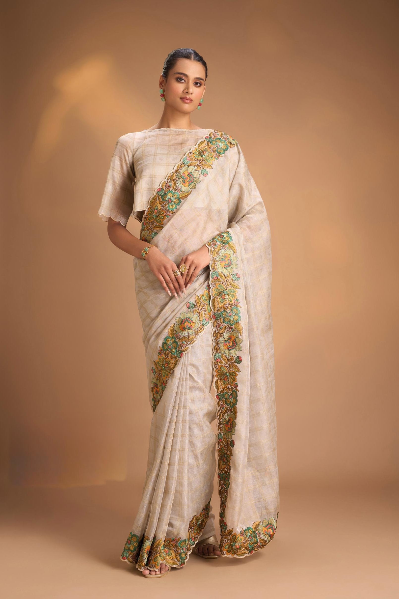 Gray Vegan Organza Tissue Saree with Checks and Multi Color Thread Embroidery Border | Shobitam