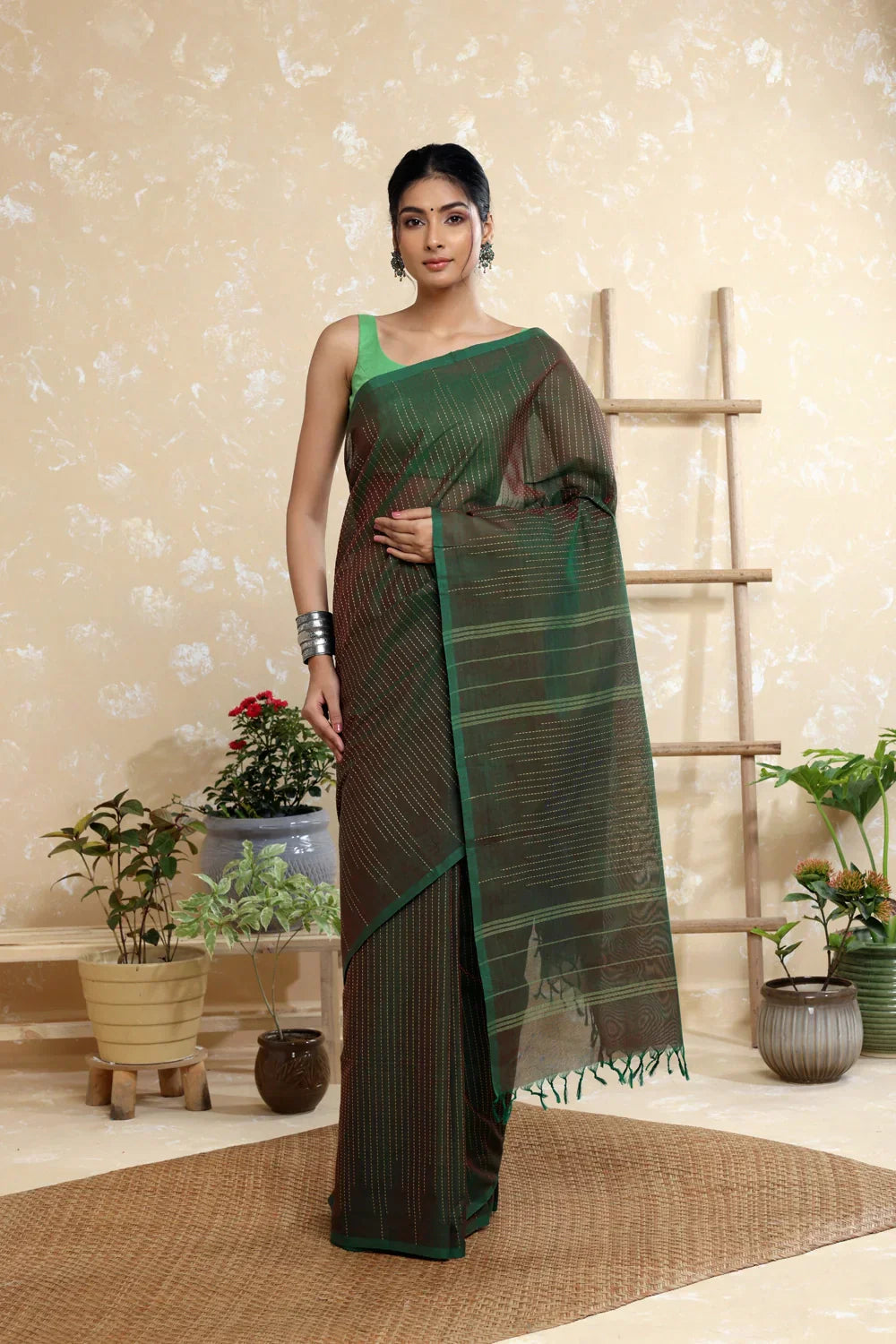 Handloom Dark Green Pure Cotton Kanchi Saree with Beige Stripes | Shobitam