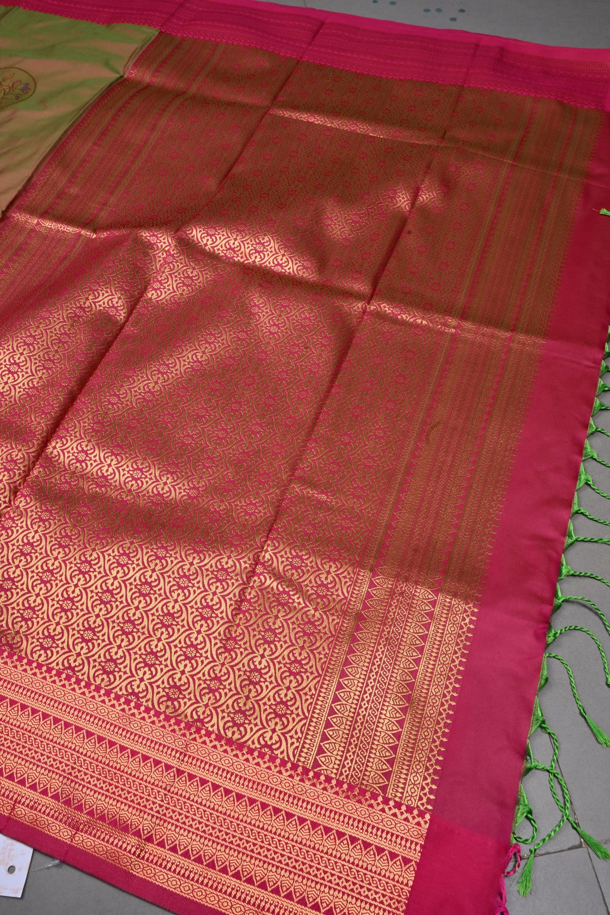 Green Dual tone Kanchi Semi Silk Saree with Meenakari Mandala Buttas and Contrast Zari Border | SHOBITAM