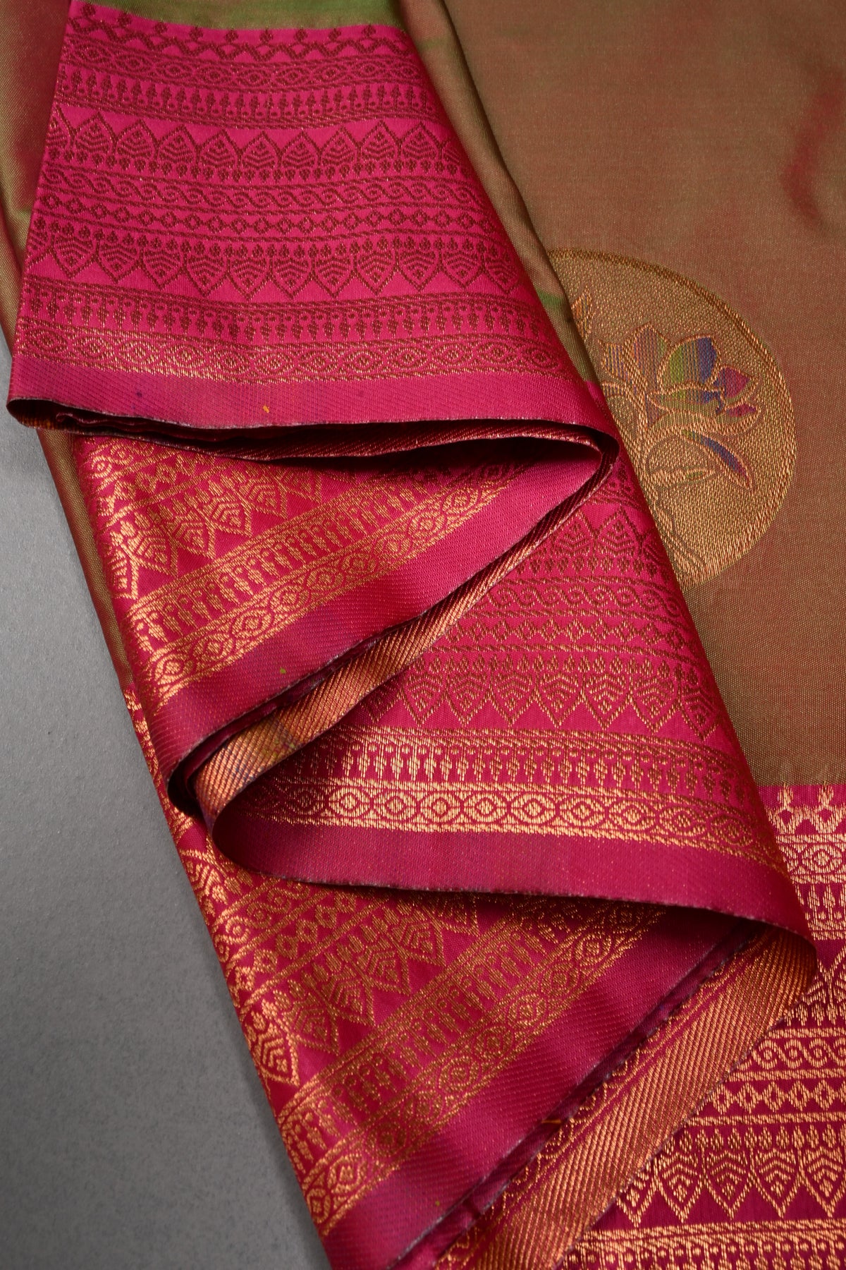 Green Dual tone Kanchi Semi Silk Saree with Meenakari Mandala Buttas and Contrast Zari Border | SHOBITAM