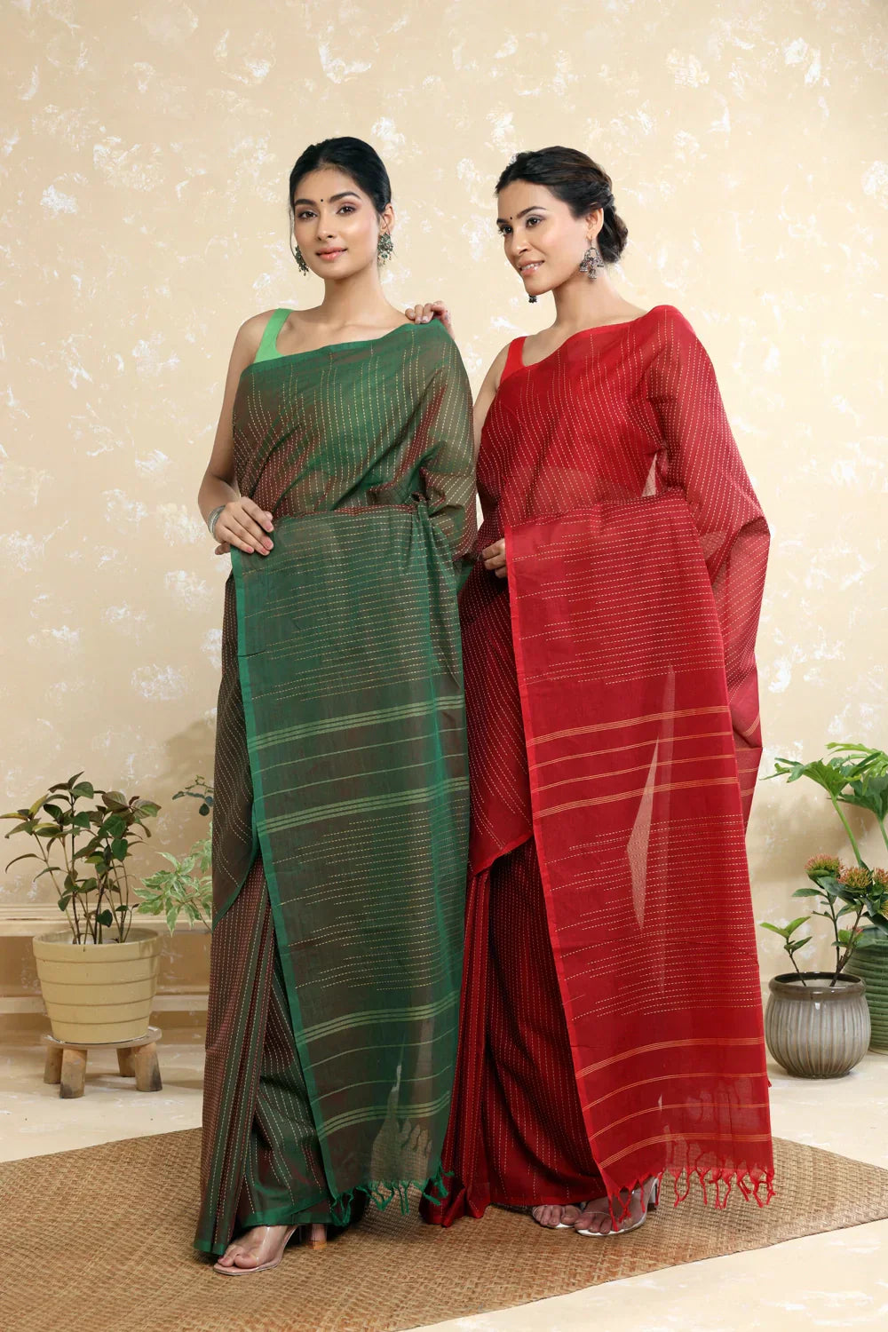 Handloom Dark Green Pure Cotton Kanchi Saree with Beige Stripes | Shobitam