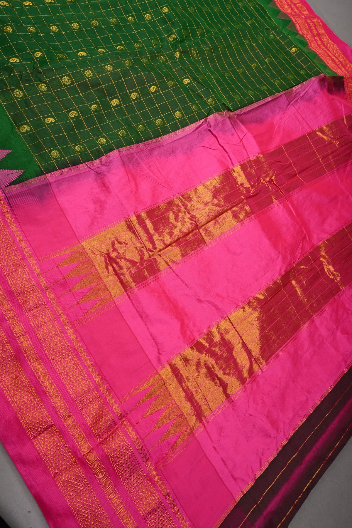 Green Checks & Buttas on Ilkal Weave Mercerized Cotton Bagalkote Saree with Contrast Zari Border | SHOBITAM
