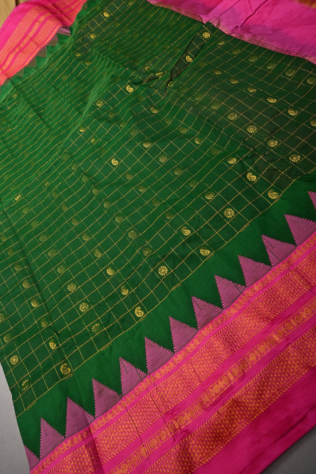 Green Checks & Buttas on Ilkal Weave Mercerized Cotton Bagalkote Saree with Contrast Zari Border | SHOBITAM