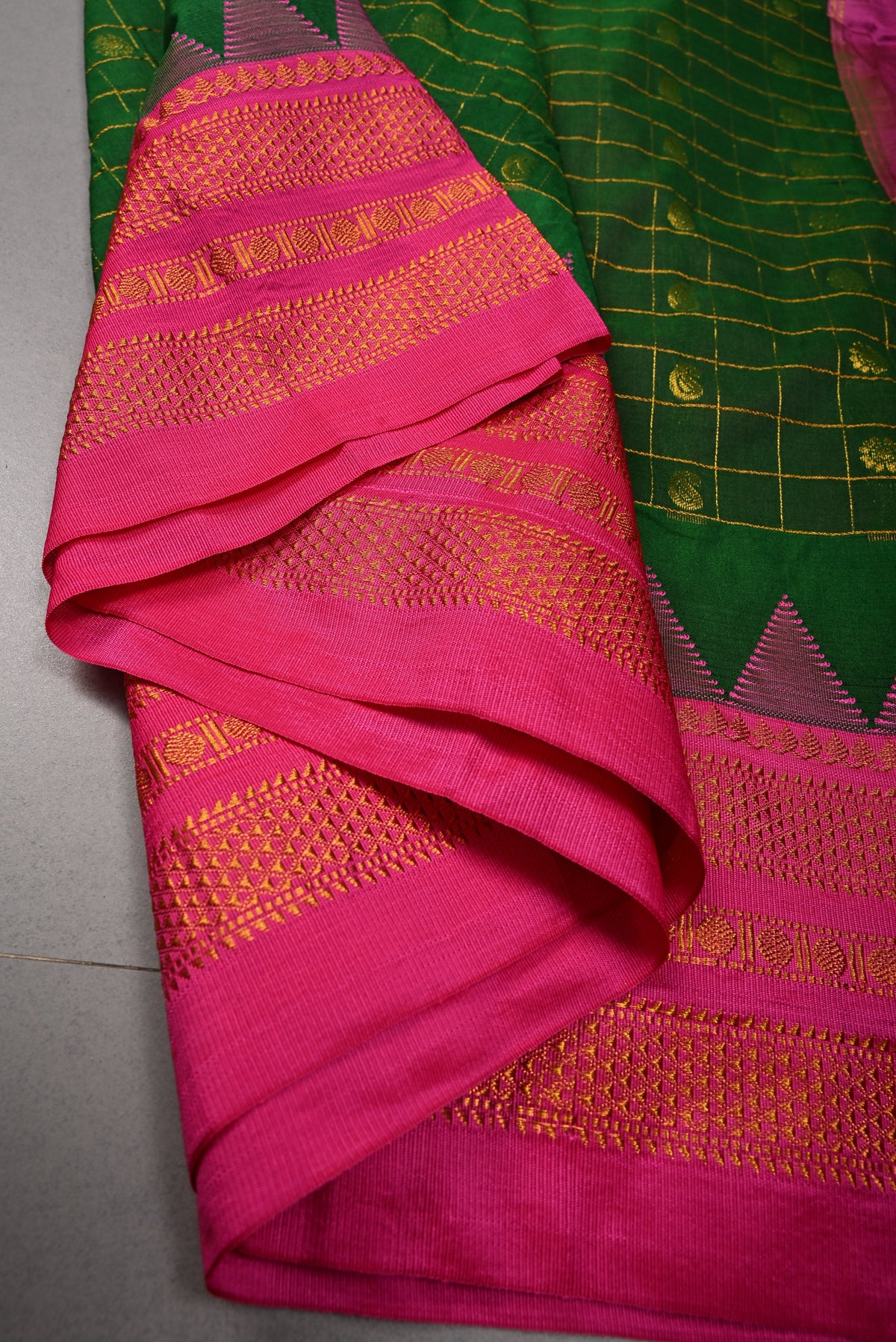 Green Checks & Buttas on Ilkal Weave Mercerized Cotton Bagalkote Saree with Contrast Zari Border | SHOBITAM