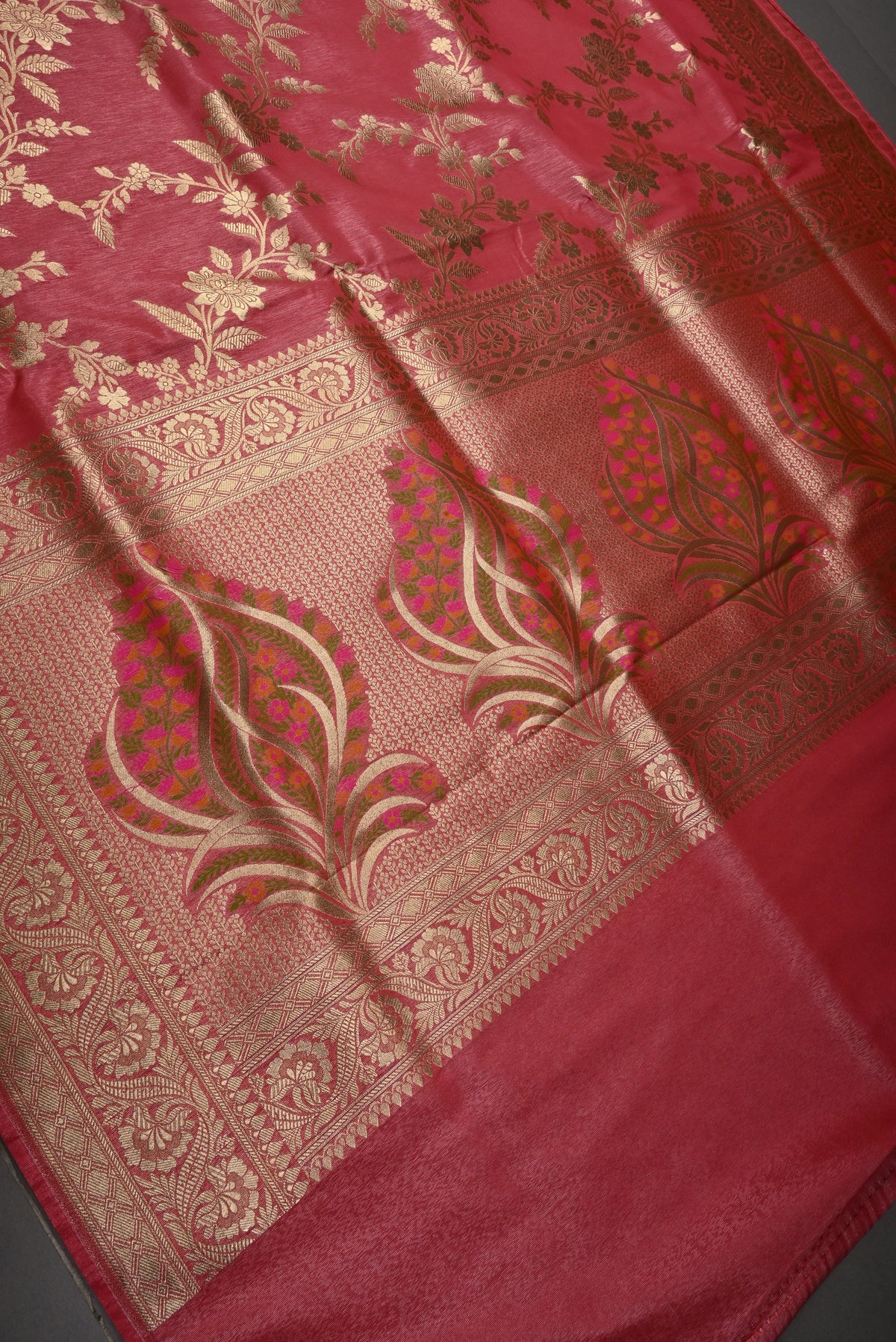 Coral Pink Tissue Semi Silk Saree with Floral Jaal and Zari Border | SHOBITAM