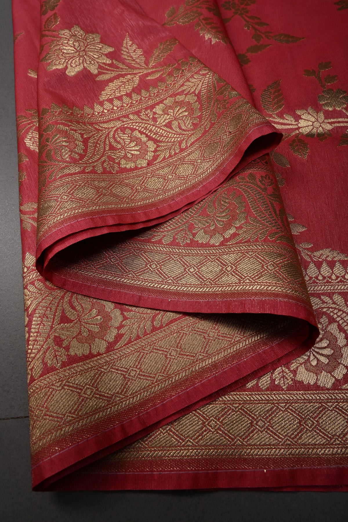 Coral Pink Tissue Semi Silk Saree with Floral Jaal and Zari Border | SHOBITAM
