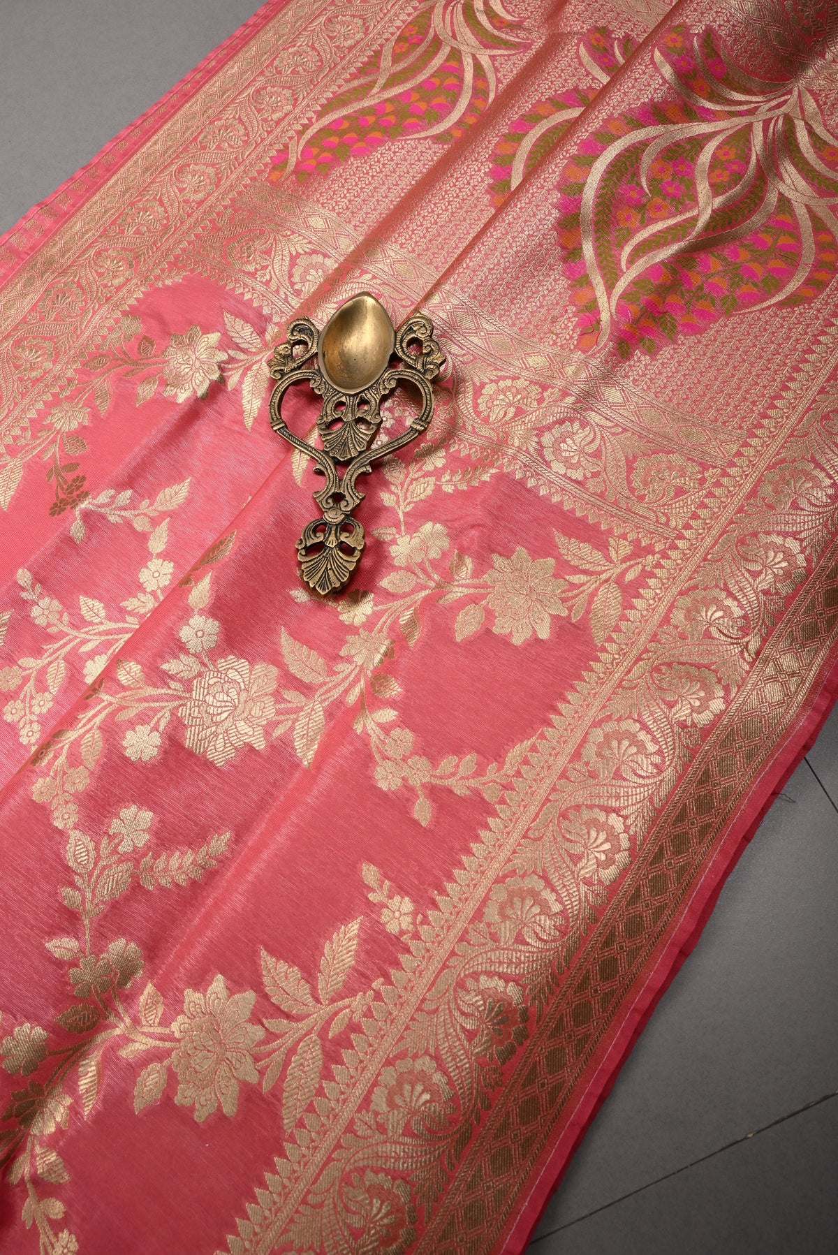 Coral Pink Tissue Semi Silk Saree with Floral Jaal and Zari Border | SHOBITAM