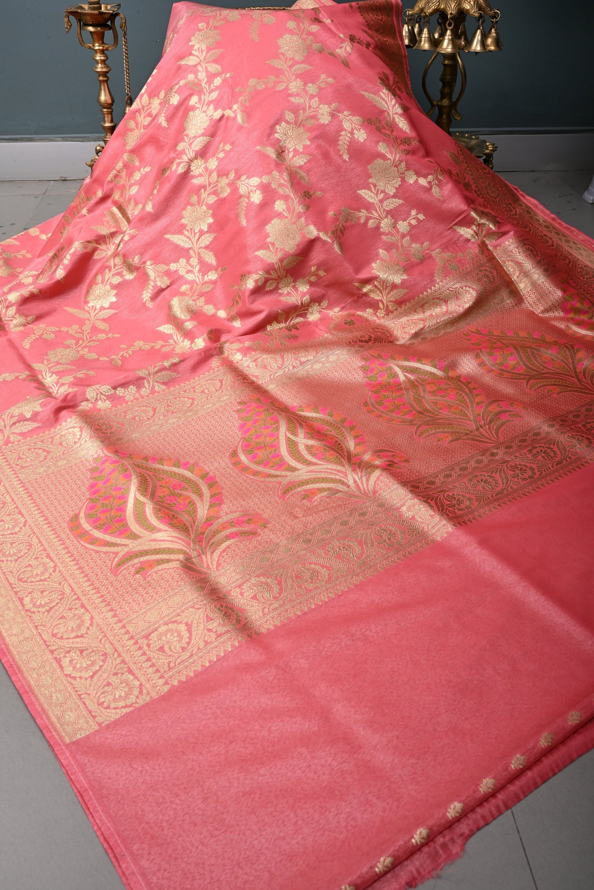 Coral Pink Tissue Semi Silk Saree with Floral Jaal and Zari Border | SHOBITAM