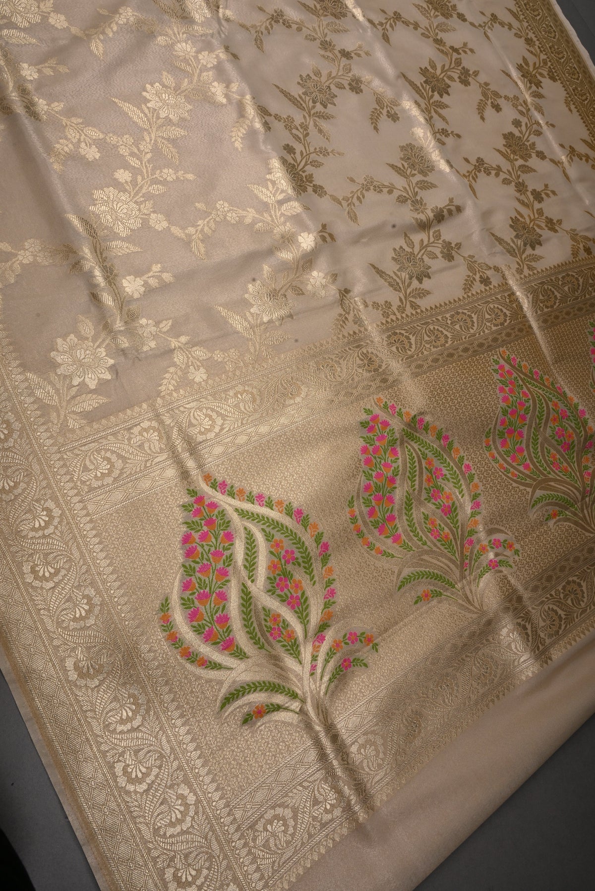 Taupe Tissue Semi Silk Saree with Floral Jaal and Zari Border | SHOBITAM