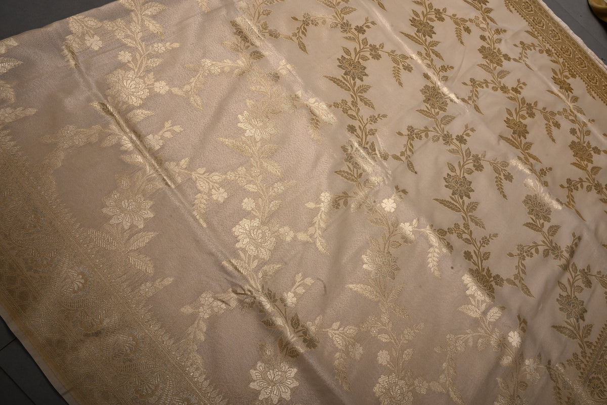Taupe Tissue Semi Silk Saree with Floral Jaal and Zari Border | SHOBITAM