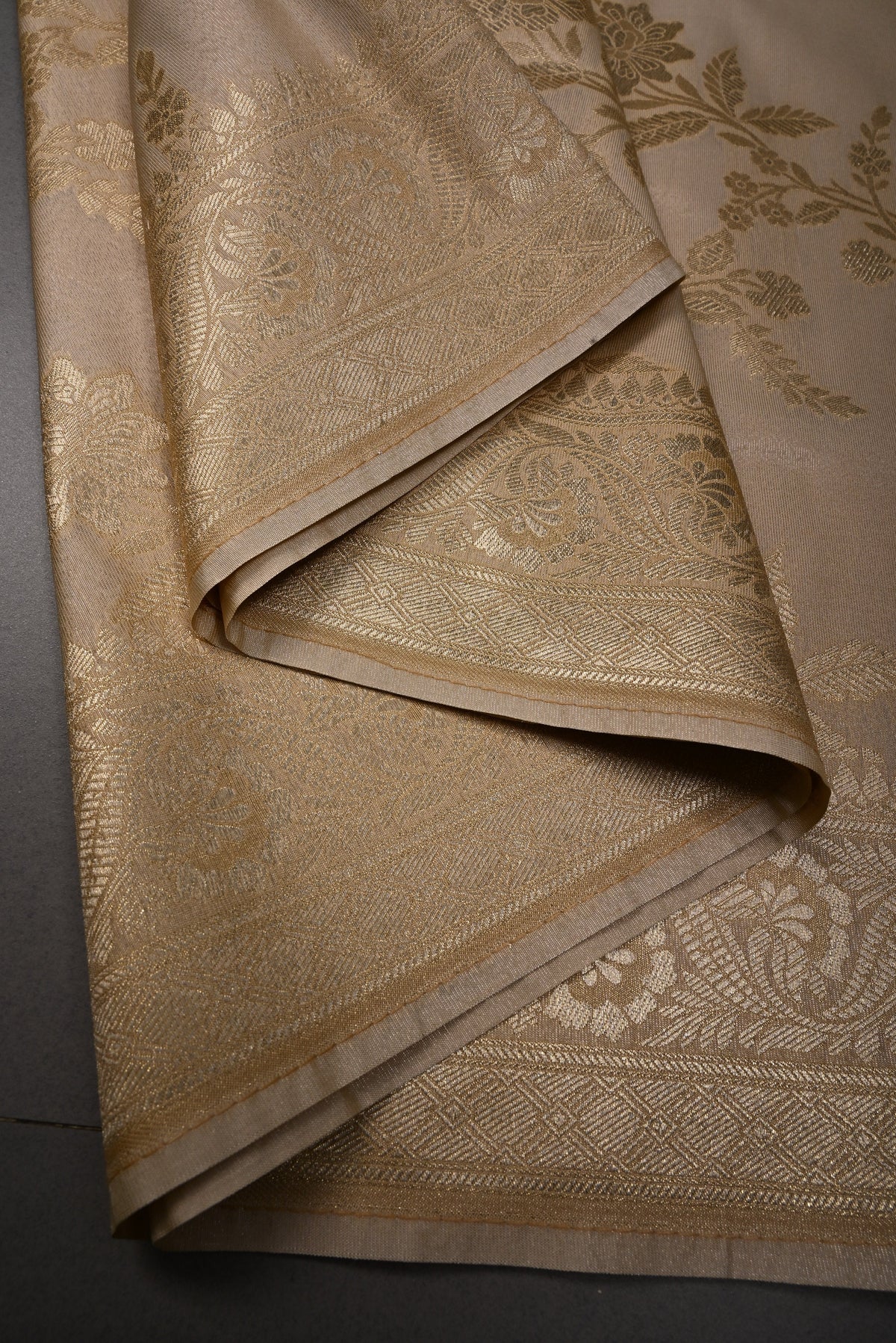 Taupe Tissue Semi Silk Saree with Floral Jaal and Zari Border | SHOBITAM