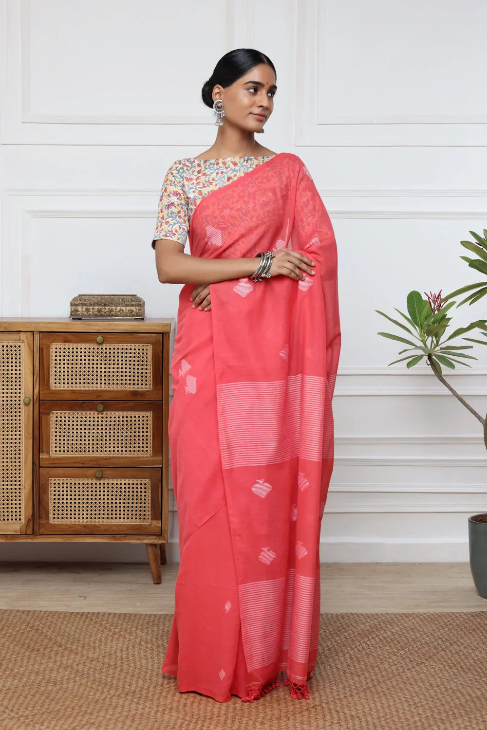 Handloom Watermelon Pink Mulmul Cotton Jamdani Saree | Shobitam