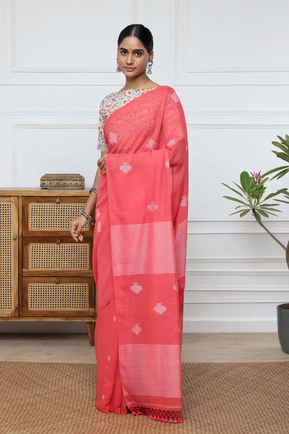 Handloom Watermelon Pink Mulmul Cotton Jamdani Saree | Shobitam