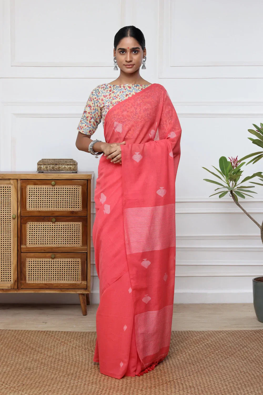 Handloom Watermelon Pink Mulmul Cotton Jamdani Saree | Shobitam