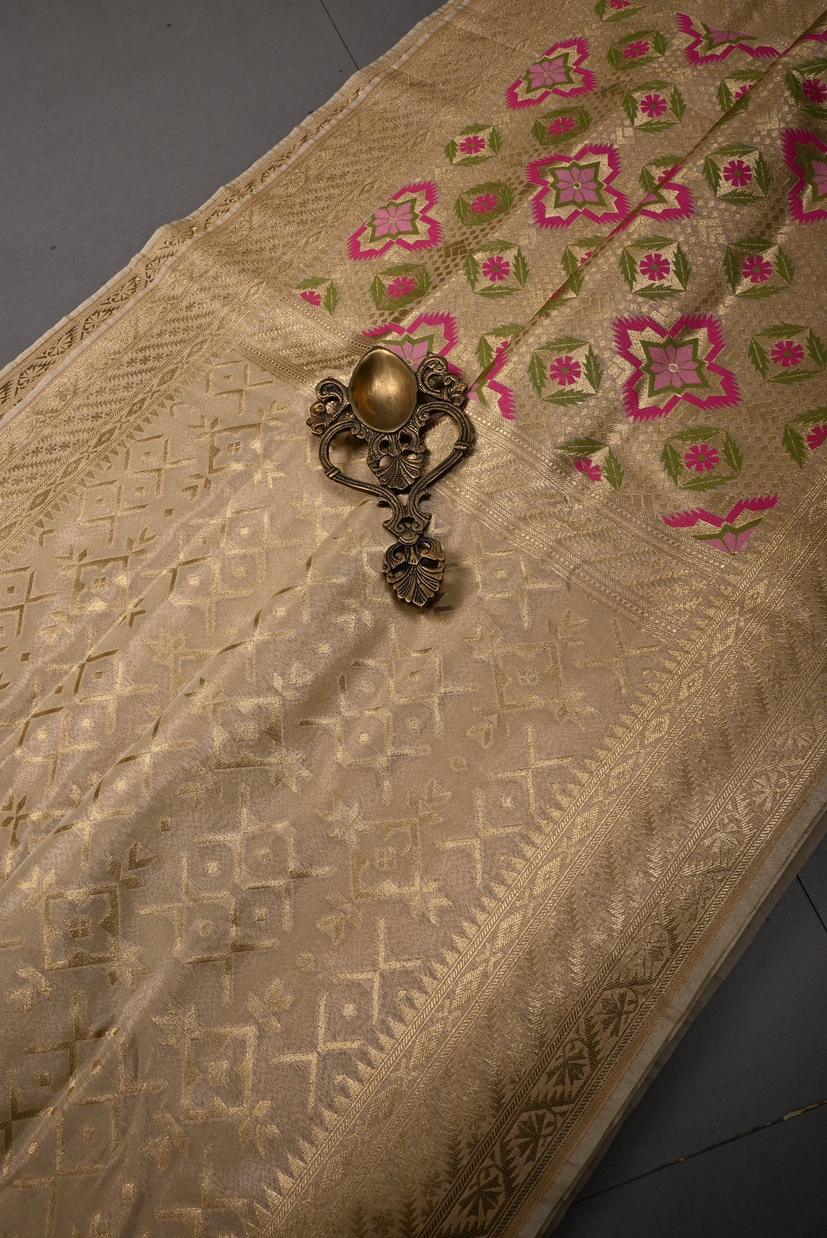 Tan Beige Tissue Semi Silk Saree with Zari Brocade and Zari Border | SHOBITAM