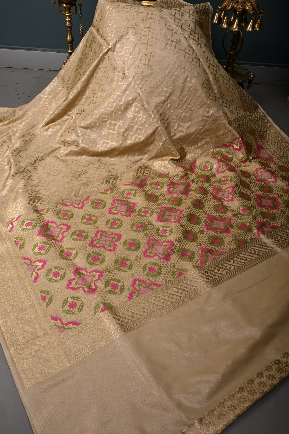 Tan Beige Tissue Semi Silk Saree with Zari Brocade and Zari Border | SHOBITAM