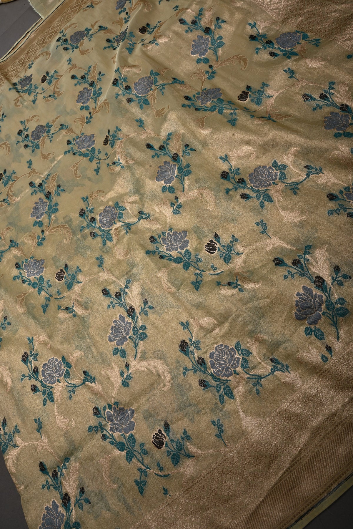 Pista Green Tissue Semi Silk Saree with Meenakari Floral Jaal and Zari Border | SHOBITAM