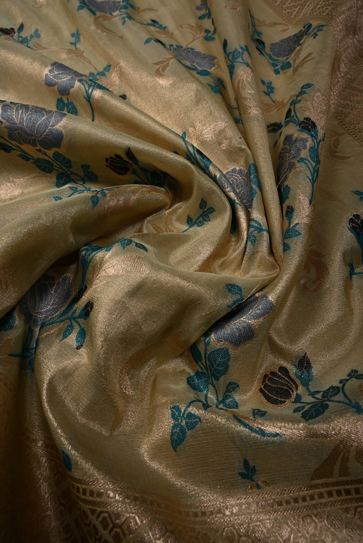 Pista Green Tissue Semi Silk Saree with Meenakari Floral Jaal and Zari Border | SHOBITAM