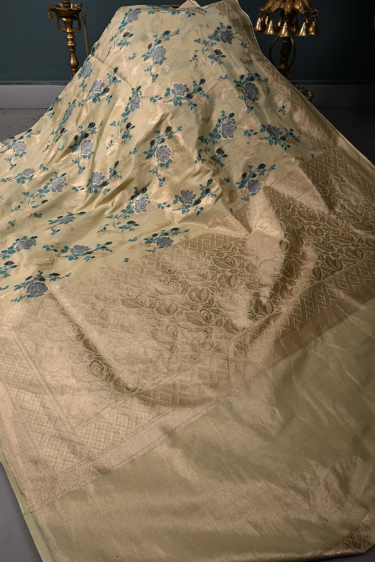 Pista Green Tissue Semi Silk Saree with Meenakari Floral Jaal and Zari Border | SHOBITAM