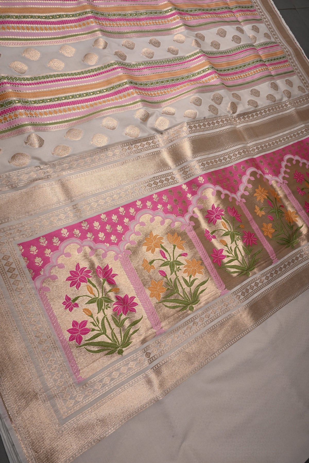 Off White Semi Silk Saree with Meenakari Stripes-Zari Buttas and Zari Borders | SHOBITAM