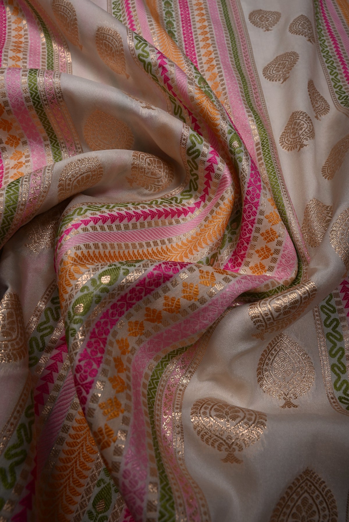 Off White Semi Silk Saree with Meenakari Stripes-Zari Buttas and Zari Borders | SHOBITAM