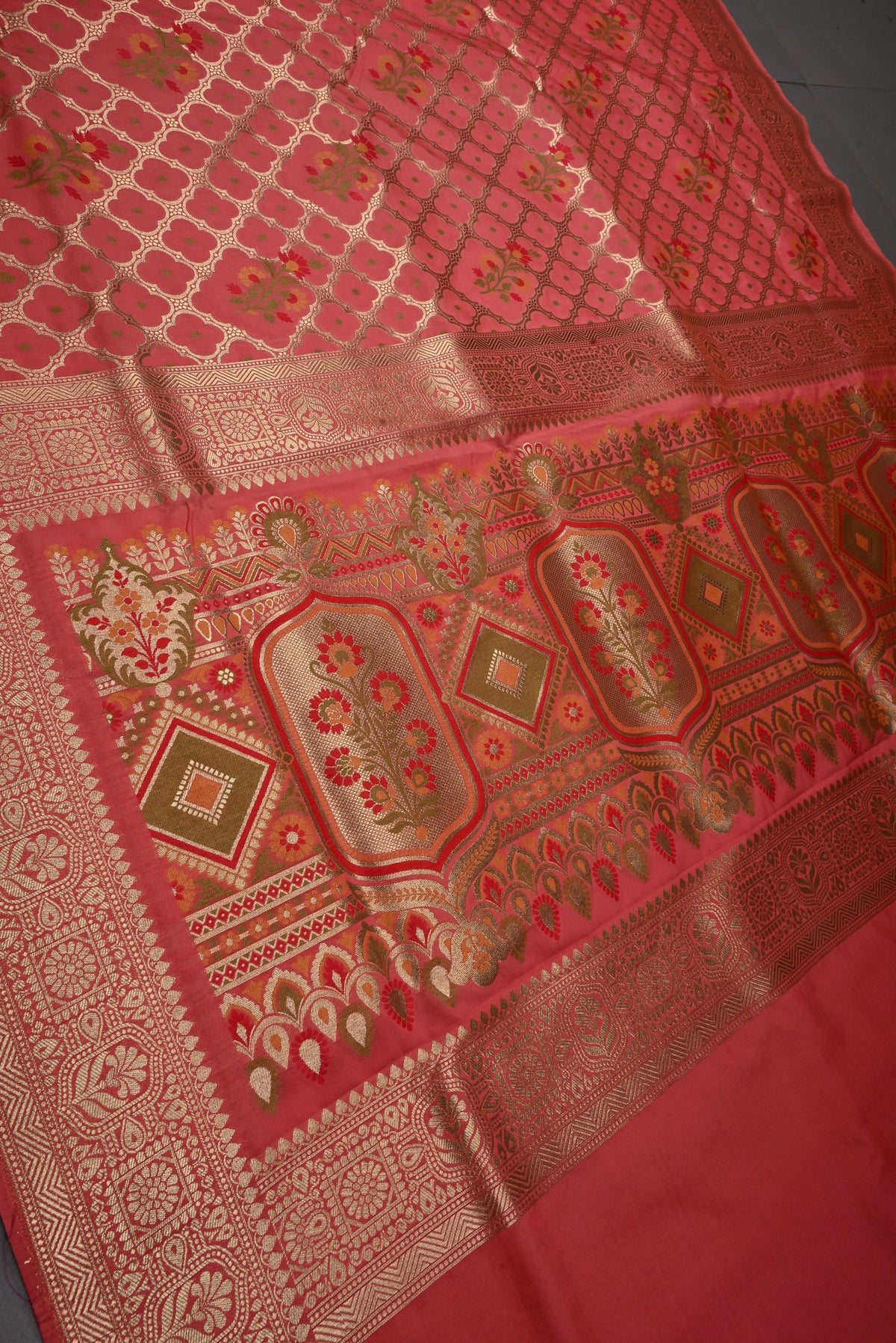 Salmon Pink Meenakari Floral Brocade on Semi Silk Saree with Zari Border | SHOBITAM