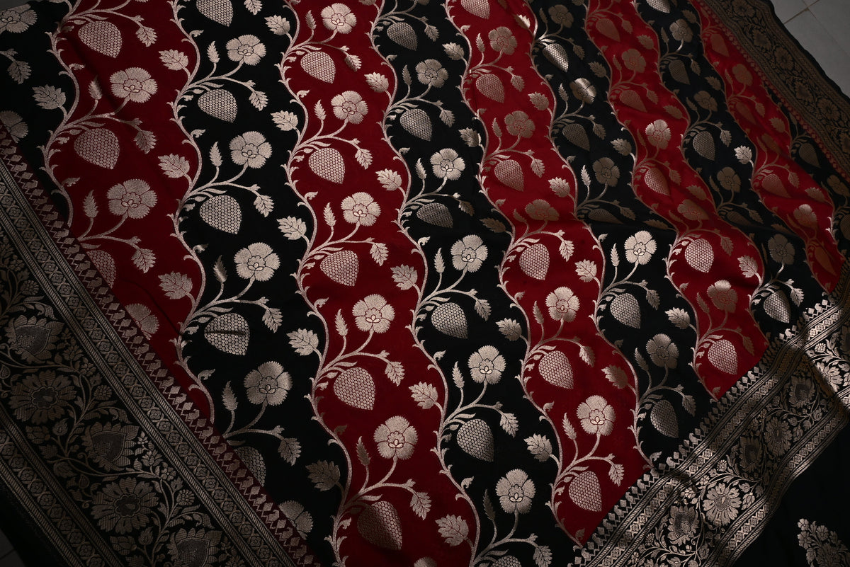 Black-Red Semi Silk Saree with Leheriya Floral Jaal and Zari Border | SHOBITAM