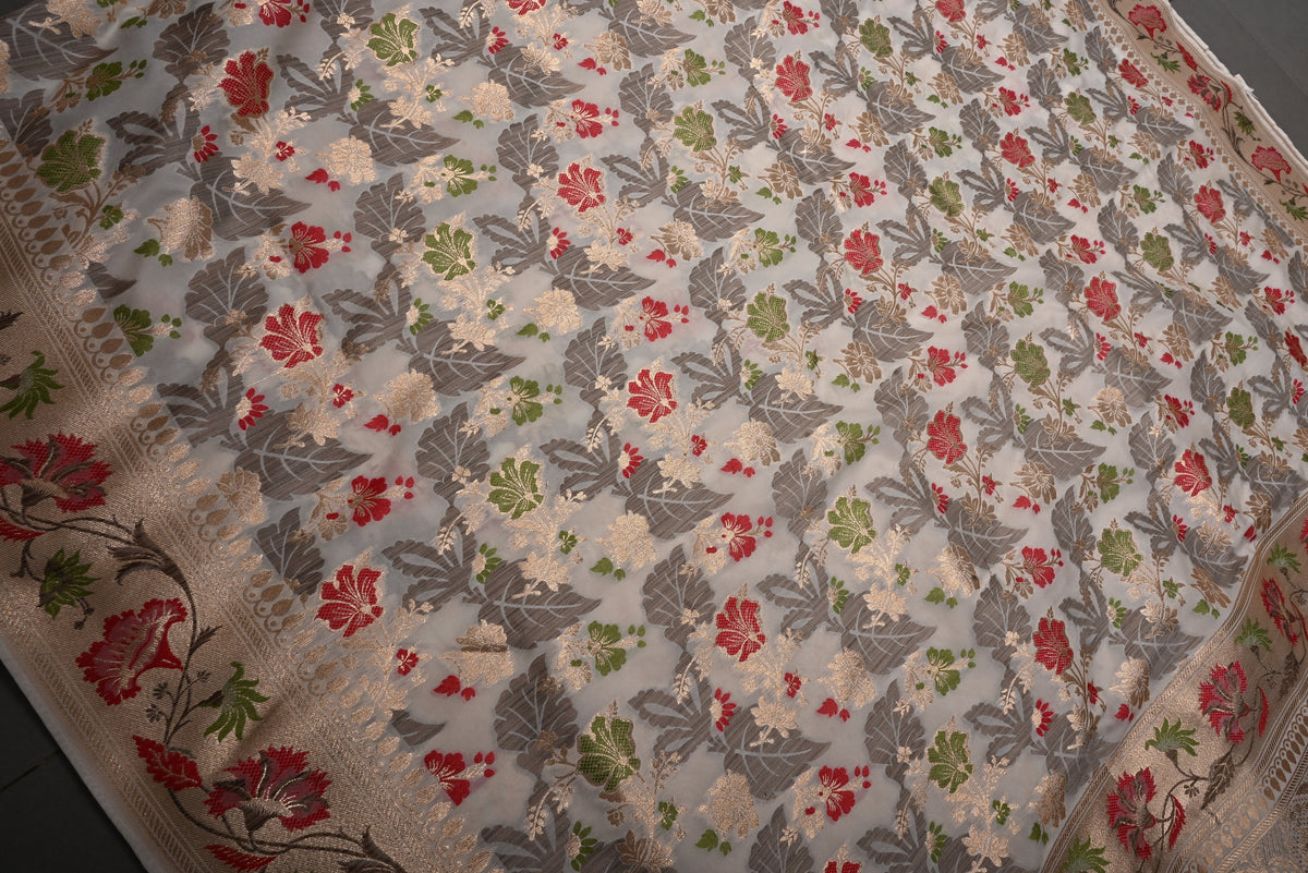 Off-White Floral Meenakari Jaal on Semi Silk Saree with Zari Border | SHOBITAM
