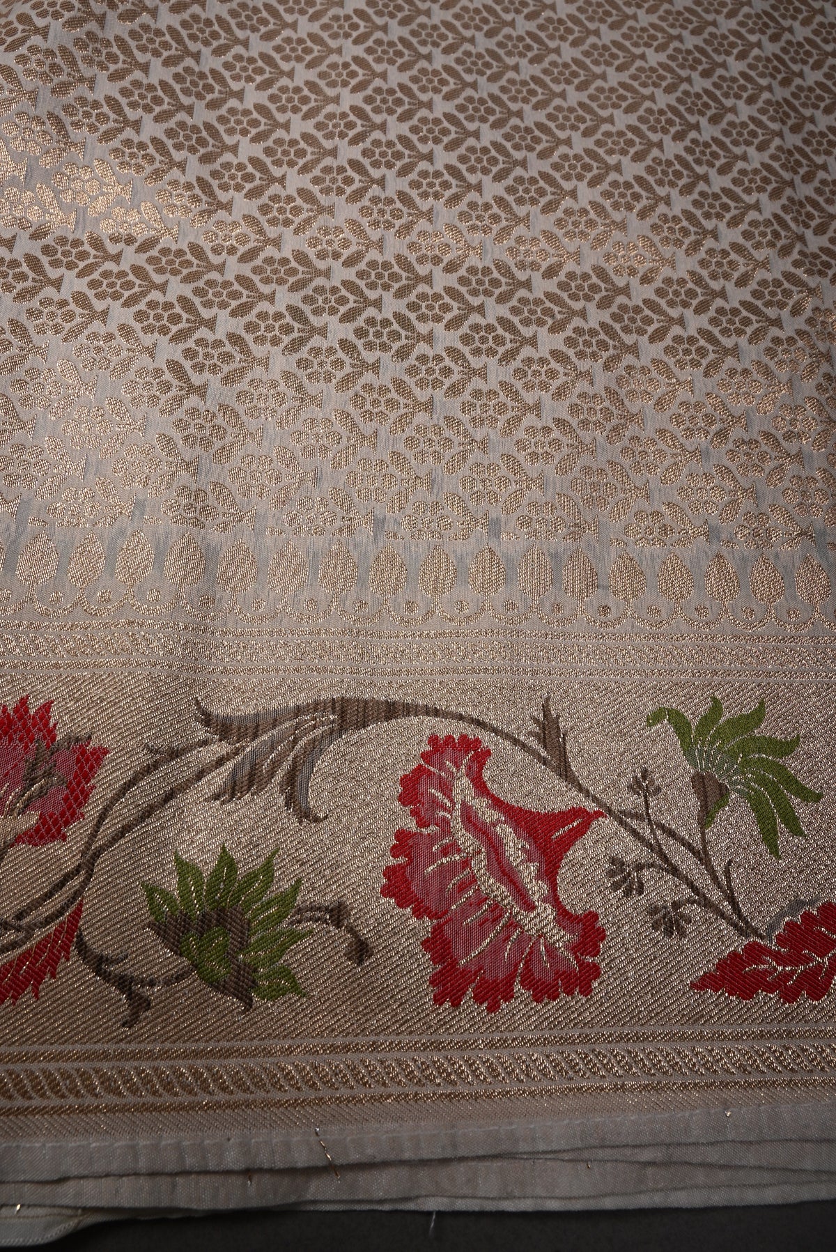 Off-White Floral Meenakari Jaal on Semi Silk Saree with Zari Border | SHOBITAM
