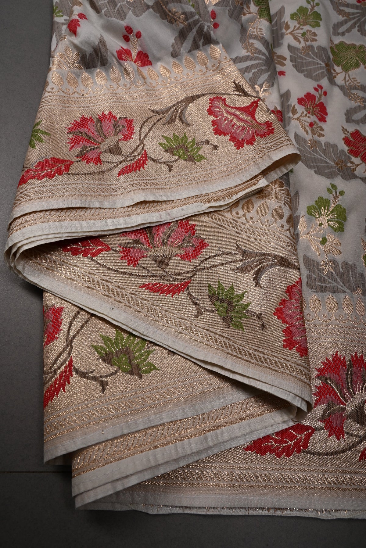 Off-White Floral Meenakari Jaal on Semi Silk Saree with Zari Border | SHOBITAM