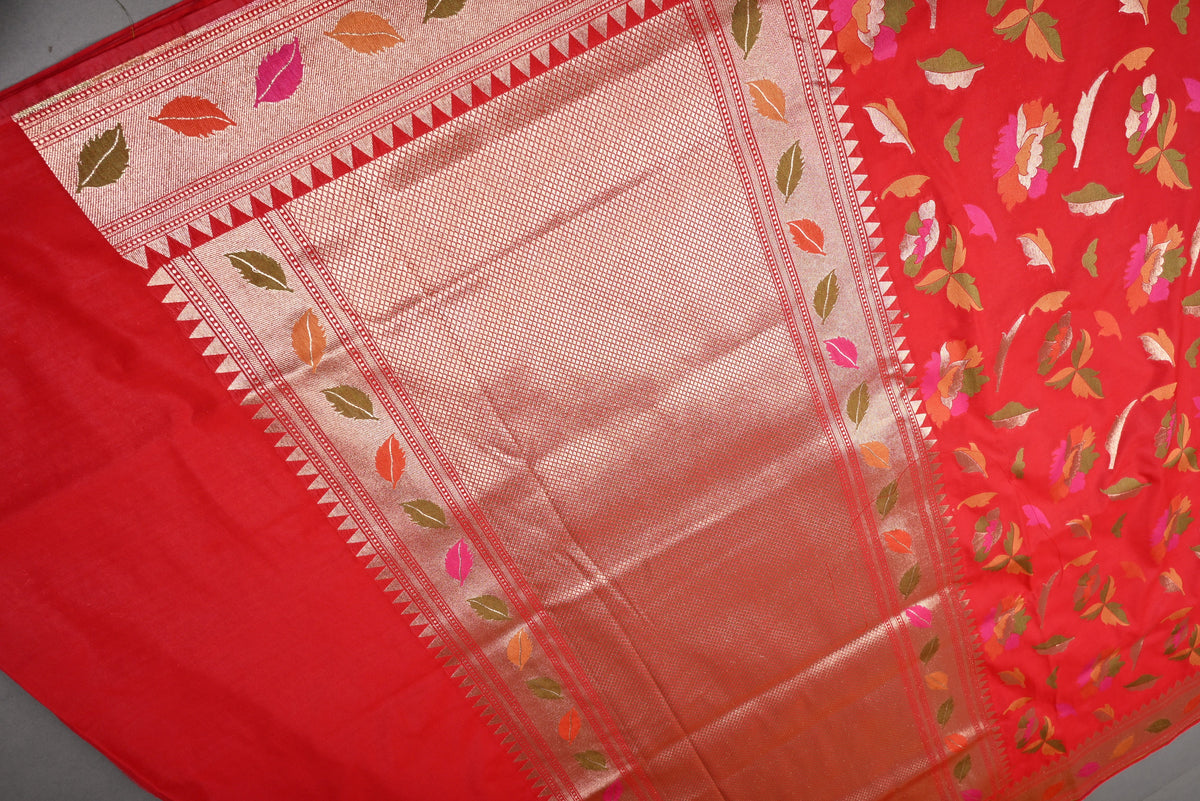 Blood Red Meenakari Floral-Leafs on Semi Silk Saree with Zari Border | SHOBITAM