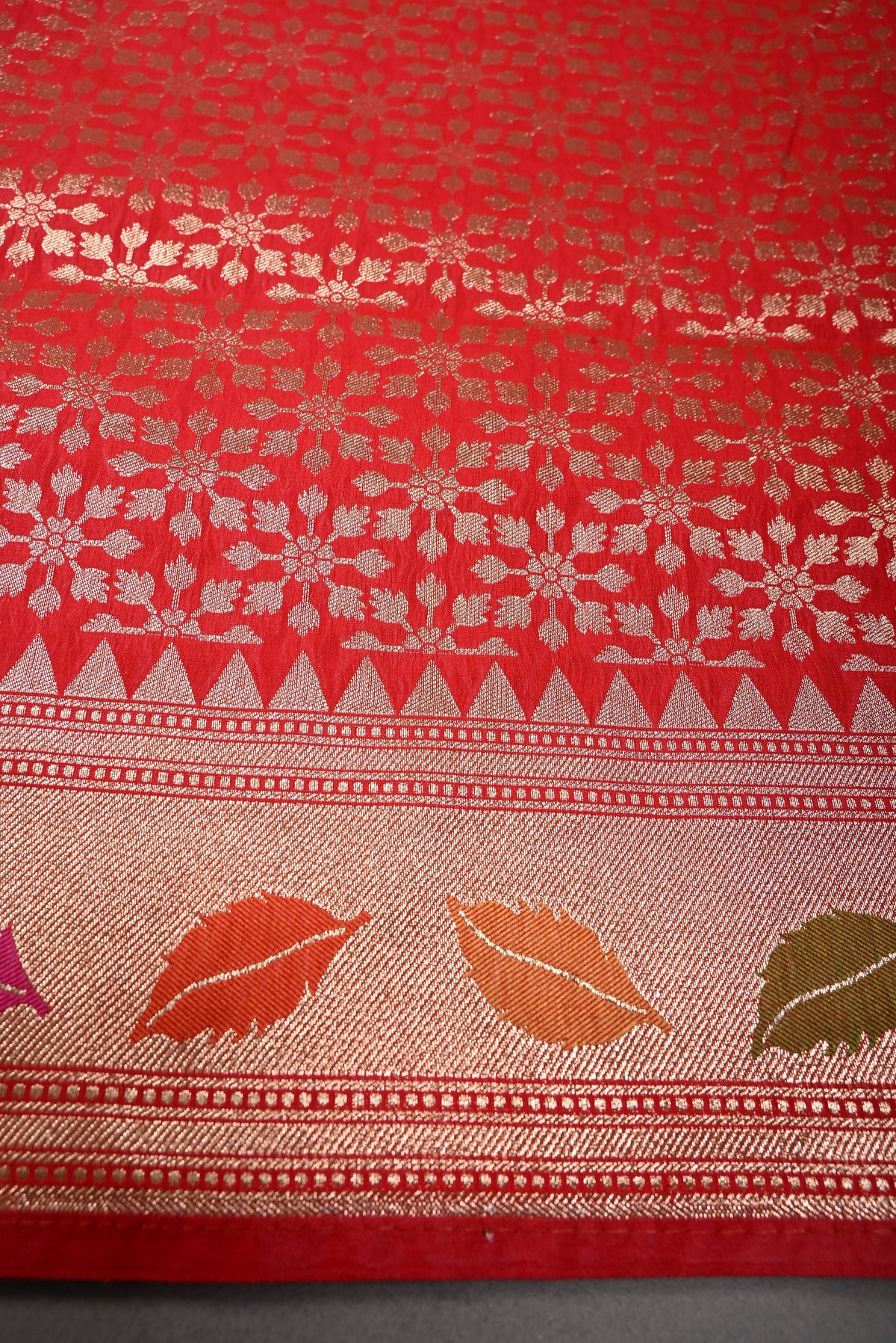 Blood Red Meenakari Floral-Leafs on Semi Silk Saree with Zari Border | SHOBITAM