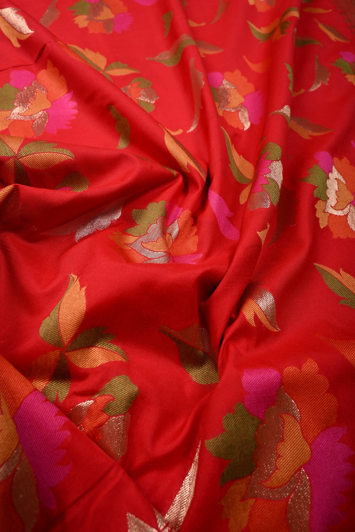 Blood Red Meenakari Floral-Leafs on Semi Silk Saree with Zari Border | SHOBITAM