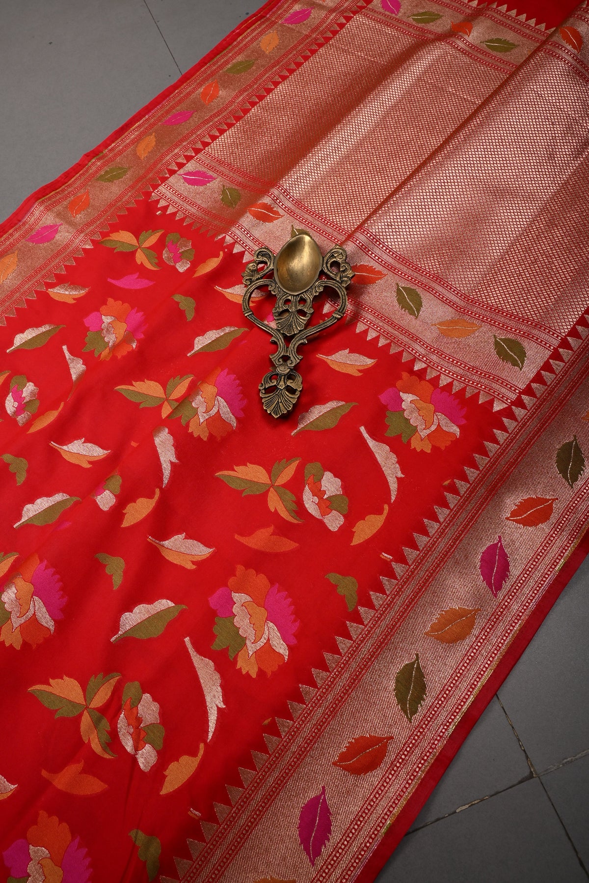 Blood Red Meenakari Floral-Leafs on Semi Silk Saree with Zari Border | SHOBITAM