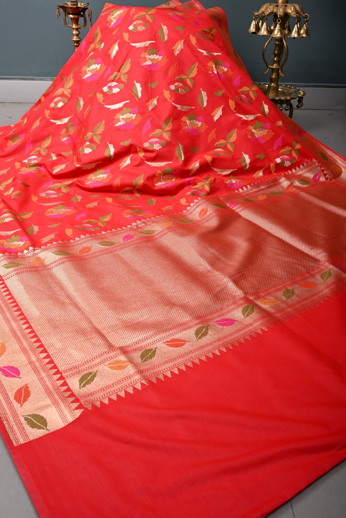 Blood Red Meenakari Floral-Leafs on Semi Silk Saree with Zari Border | SHOBITAM